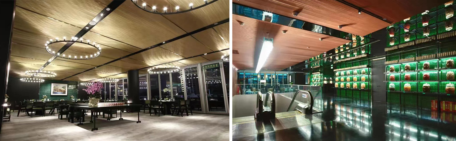 Proper woven metal interior was embellished for ceiling of CBD ·ONE restaurant.